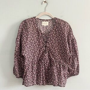 McGuire Purple‎ Floral Lace Up Gray Cotton Long Sleeve Blouse